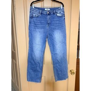 Mica Los Angeles High Waisted Straight Leg Jeans Medium Wash Raw Hem Size 32